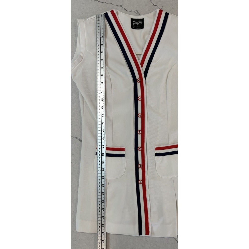 Vtg 70s Zazie London Mod Tennis Dress White Pleated Mini Red Blue XS S 17" P2P - Picture 10 of 11